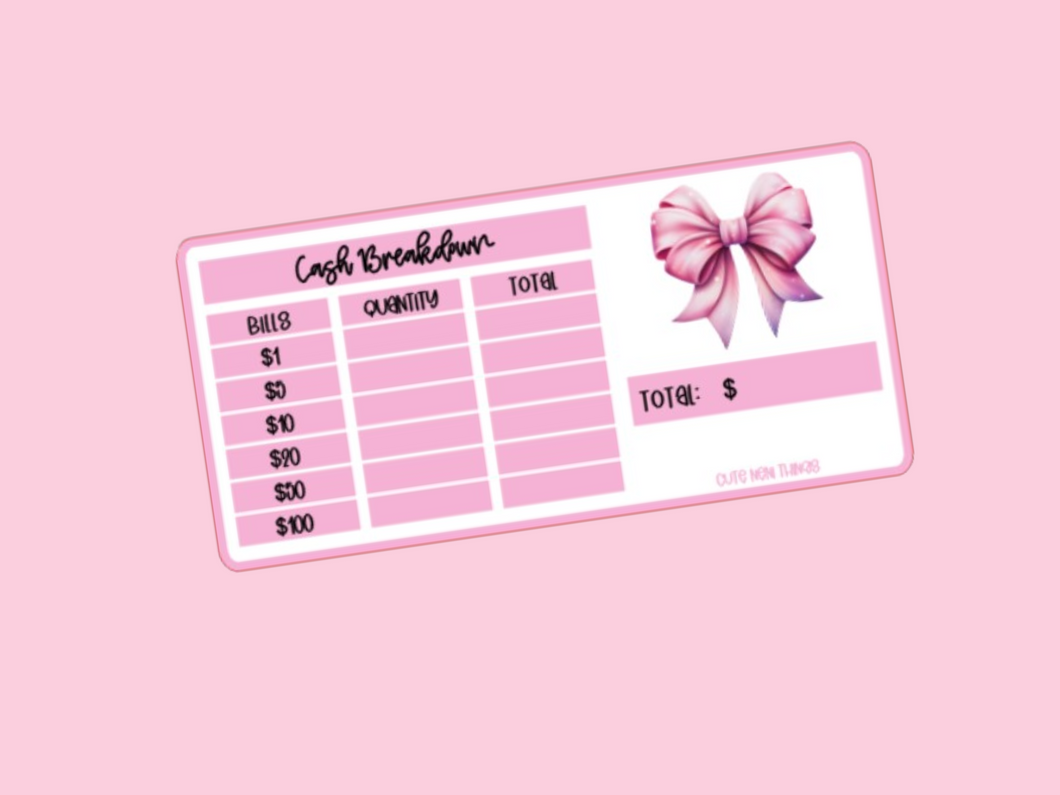 Cash Breakdown Insert | Pink Bow