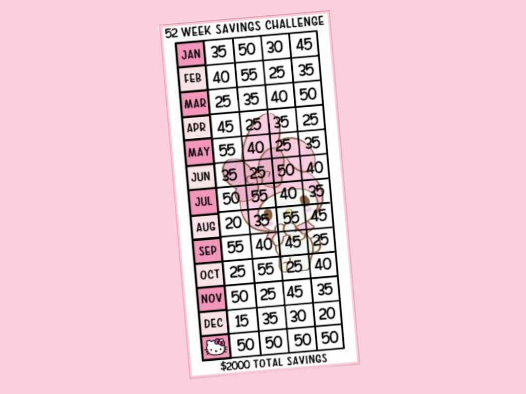 Savings Insert or Cash Envelope | My Melody | 52 Week Challenge